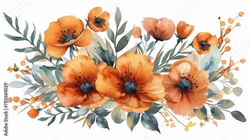 A watercolor painting of orange poppies with green leaves and blue centers.