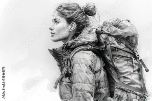 Pencil Sketch art of a woman hiking in forest, adventure