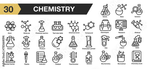 Set of 30 chemistry icon set. Includes acid, base, flask, research, solid, solvent, and More. Outline icons vector collection.