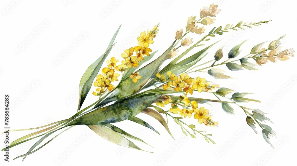 A watercolor painting of a bouquet of yellow flowers and greenery.