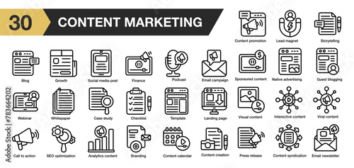 Set of 30 content marketing icon set. Includes landing page, seo, content, video, branding, blog, and More. Outline icons vector collection.