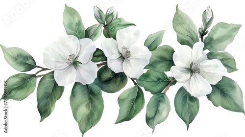 A branch of white flowers with green leaves on a white background.