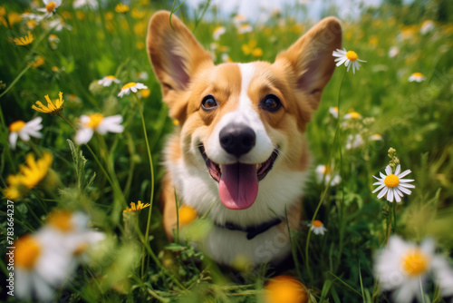 cute dog in the field plays and rejoices, spring summer holiday theme, corgi close-up