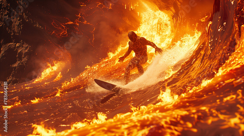 Surfboard in a fiery hell filled with challenges.