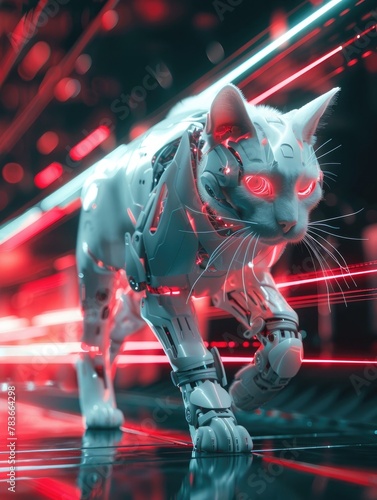 Captivating D Robotic Cat with Vibrant Red Light Trails Symbolizing the Fusion of Robotics and Pet Companionship