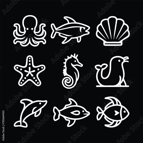 A set of nine icon illustration of a unique Ocean animals concept. octopus  tuna  shell  starfish  Seahorses  seals  Dolphins  tuna  angler fish. Set collection of animals Icons. Simple line art style