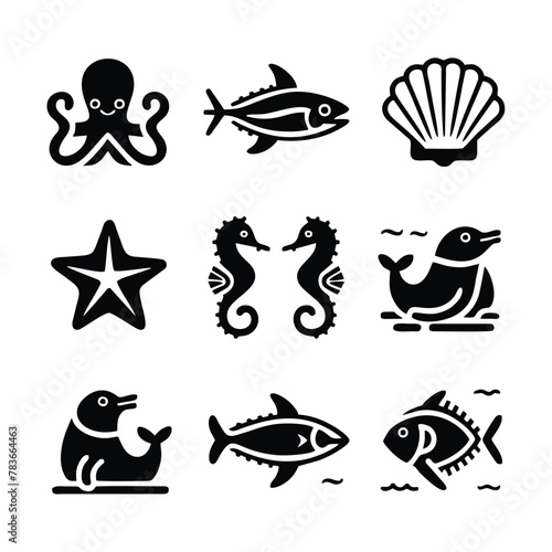 A set of nine icon illustration of a unique Ocean animals concept. octopus, tuna, shell, starfish, Seahorses, seals, Dolphins, tuna, angler fish. Set collection of animals Icons. Simple line art style © Ranadhie