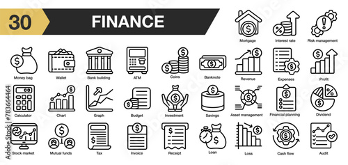 Set of 30 finance icon set. Includes coin, money, bank, loan, profit, saving, budget, audit,atm, and More. Outline icons vector collection.