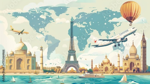 travel banner. travel around the world. landmarks on the globe. Tourism trip concept. Journey in Vacation. Vector illustration modern flat design