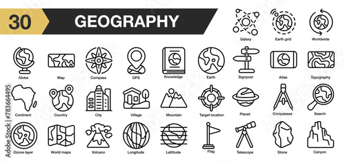 Set of 30 geography icon set. Includes gps, globe, earth, compass, crayon, planet, stone, and More. Outline icons vector collection.