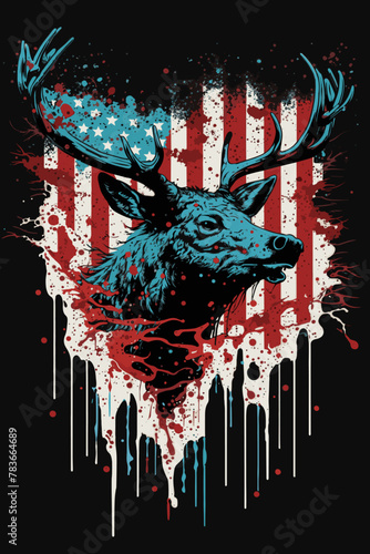 Deer Design In US Flag Style. Wildlife Animal In Nature.