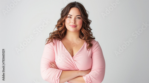 Beautiful Plus Size Caucasian Woman Wears Relaxed Casual Clothes. Confident, Outgoing, Smiling. Mom, Successful Entrepreneur, Educated Professional, Working from Home. Equality, Diversity, Empowerment