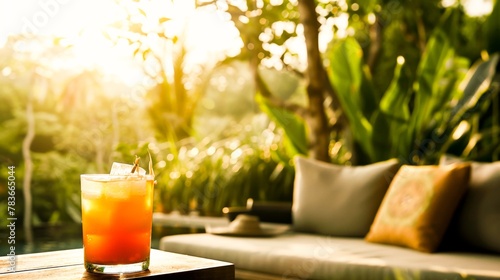 A serene outdoor setting with a Thai iced tea in the foreground, the amber hues contrasting with the natural greenery, inviting relaxation.