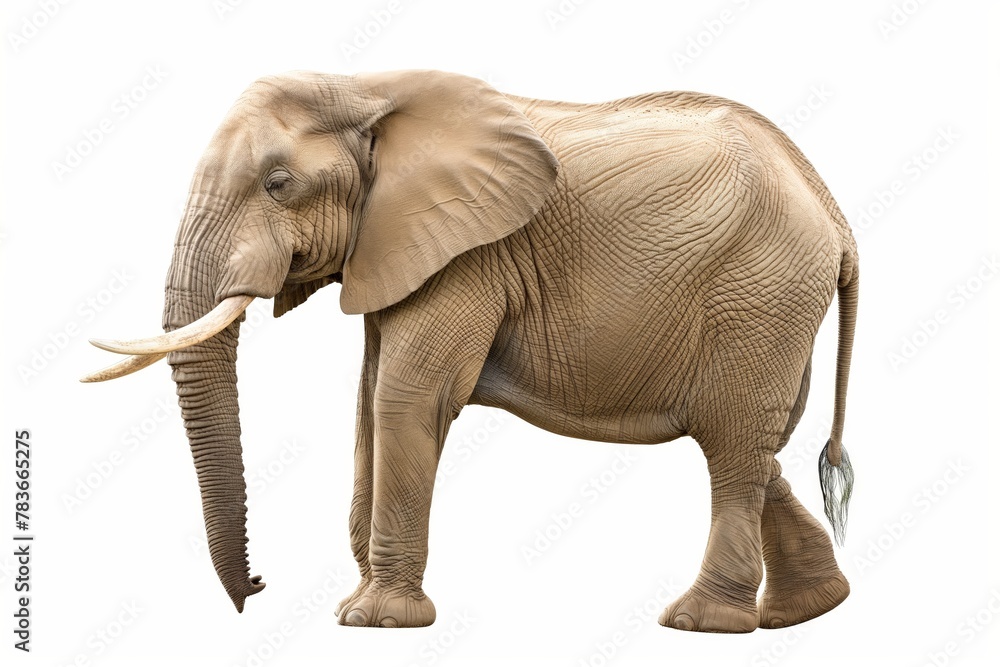 Side profile of an African elephant isolated on a white background displaying its full body, tusks, and textured skin.