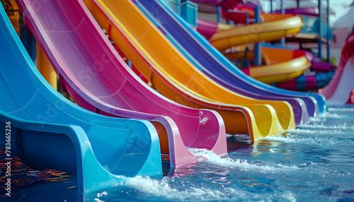 Enjoy the thrilling amusement ride of colorful liquid chutes at the water park photo