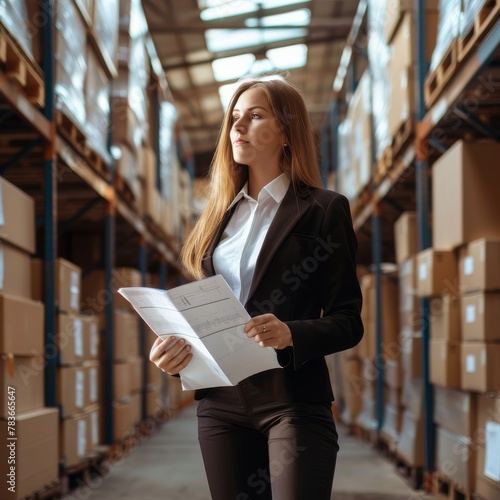 Pretty young woman standing in warehouse, holding papers in hands, cardboard boxes on shelves. photo