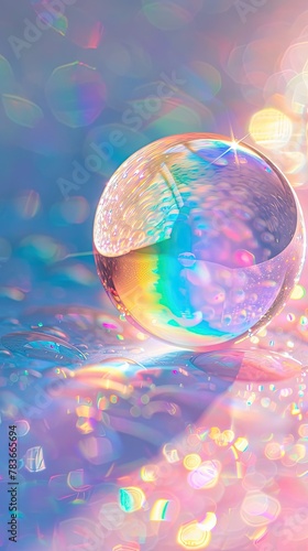 A detailed macro shot of a soap bubble reflecting a rainbow on its surface
