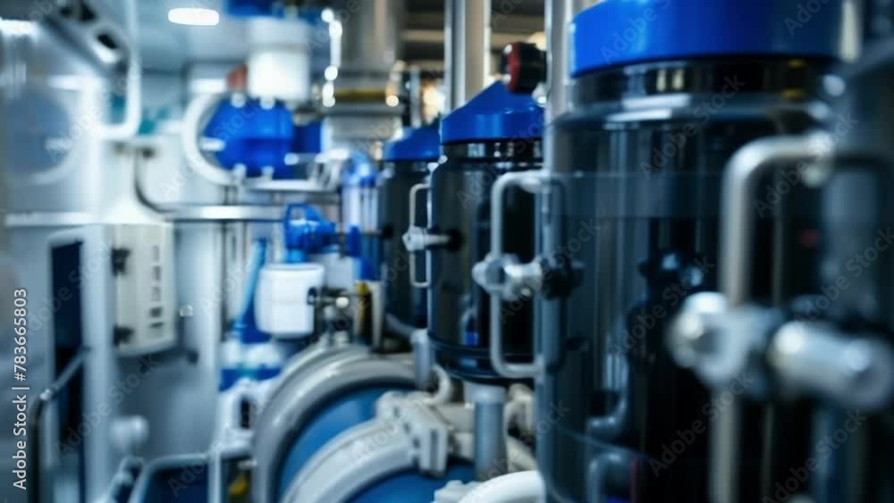 A closeup view of a stateoftheart water filtration system installed in a yachts engine room providing clean drinking water and reducing the need for singleuse plastic bottles A closeup view of a stateoftheart water filtration system installed in a yachts engine room providing clean drinking water and reducing the need for singleuse plastic bottles