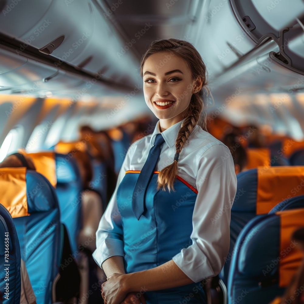 A beautiful young smiling flight attendant is standing in the aisle of the plane. A beautiful young smiling flight attendant is standing in the aisle of the plane.