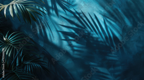 Dark blue wall with tropical palm leaf shadow. Beautiful abstract background concept banner for summer vacation