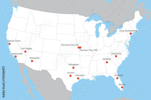 map of United States with soccer tournament 2024 host cities