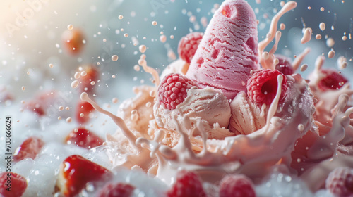 Ice cream with milk splash and raspberries, dessert concept, banner