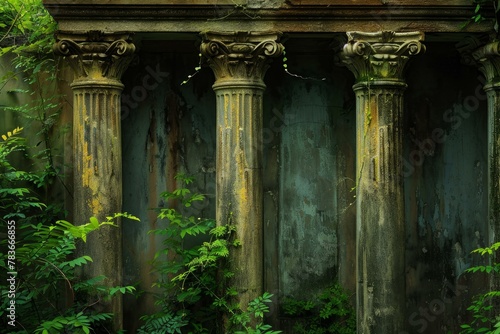 Historical Antique columns old forest. Sky nature. Generate Ai photo