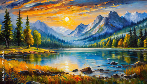 Oil painting of beautiful lake landscape with mountains and green nature. Sky with clouds.