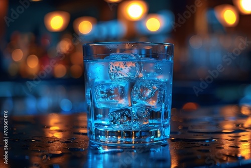 Blue alcohol cocktail with ice cubes, bar, glass