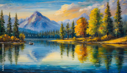 Oil painting of beautiful lake landscape with mountains and green nature. Sky with clouds.