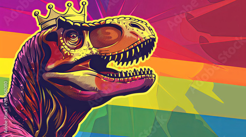 Pop Art Dinosaur with Crown on Rainbow Background