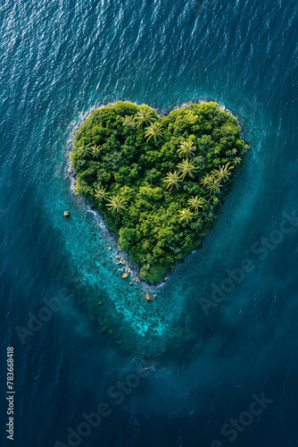 An island in the shape of a heart sits amidst the vast ocean waters.