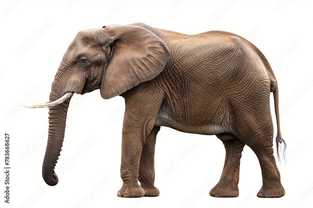 A full side view of an African elephant isolated on a white background, showcasing its distinctive skin texture and tusks.