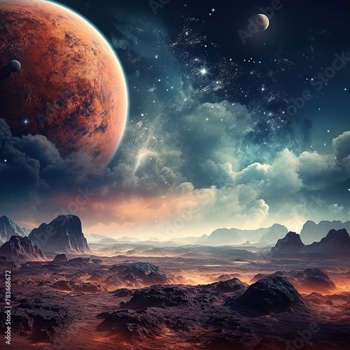 Fantasy landscape with planets in deep space.