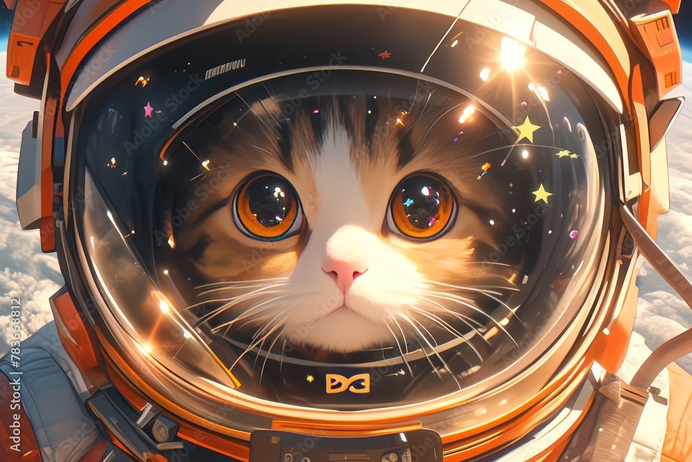 A cute cat wearing an astronaut suit, exploring the cosmos in space animation, with big eyes and long eyelashes