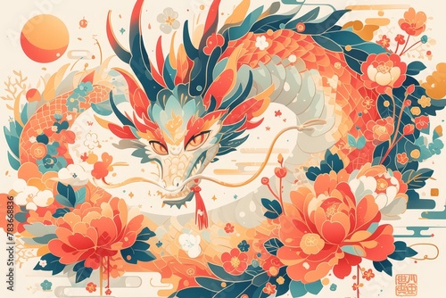 A cute Chinese dragon made of papercut art, surrounded by red and pink flowers