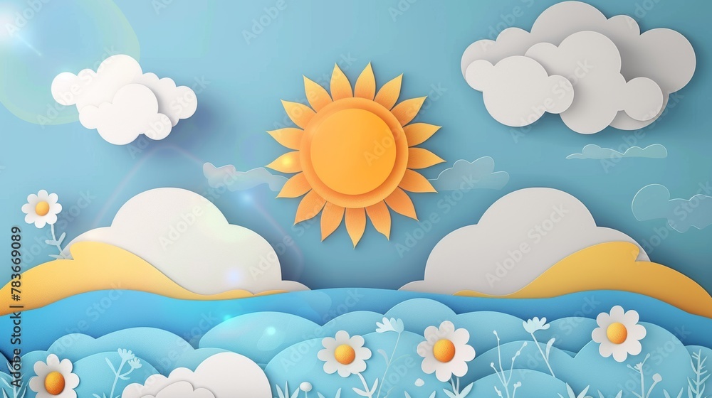 A vibrant summer illustration featuring a sunny sky, serene sea, and sandy beach A vibrant summer illustration featuring a sunny sky, serene sea, and sandy beach