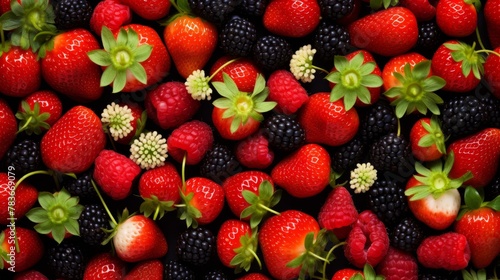 Background of fresh sweet red raspberries and strawberries arranged together representing concept of healthy diet. Berries and strawberries are arranged together.