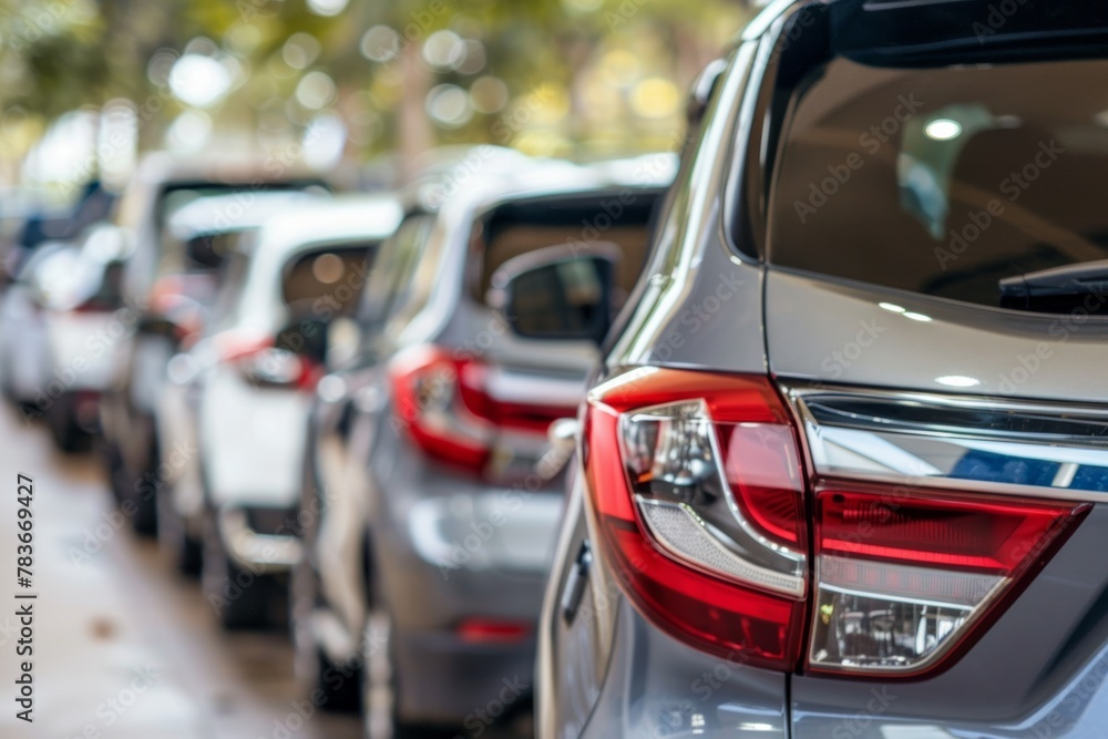 A row of parked cars at a city parking facility during the day, showcasing various colors and models in a modern urban environment A row of parked cars at a city parking facility during the day, showcasing various colors and models in a modern urban environment