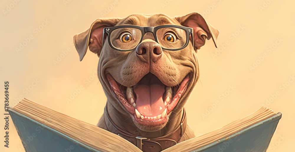 A cheerful dog wearing glasses is reading an open book with its mouth wide open against a pastel background. - obrazy, fototapety, plakaty 