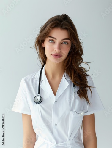 Pretty female model, brown hair, a doctor, 25 year old, In the doctor's clothes
