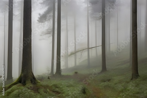 scorcio di foresta affascinante sotto la pioggia, natura mistica, leggera nebbia data dall'umidità, giovane ruscello the score Generative AI photo