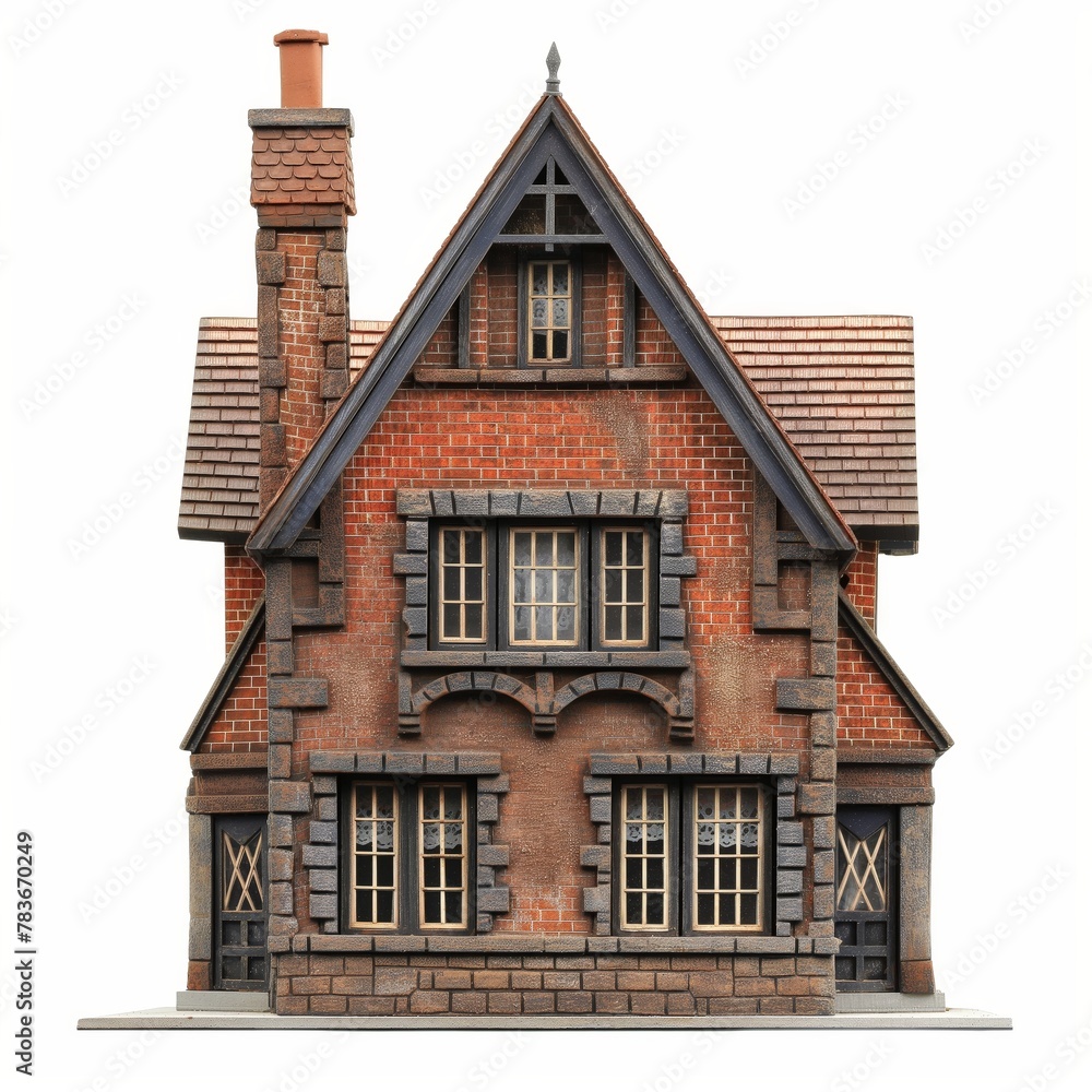 Miniature brick house model with detailed windows, roof and chimney isolated on a white background.