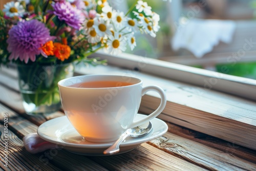 cup of tea on a wooden table , flowers in a vase, tea spoon