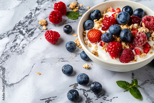 healthy morning fitness oatmeal and cereals with yogurt and berries, blueberries, strawberries, raspberries