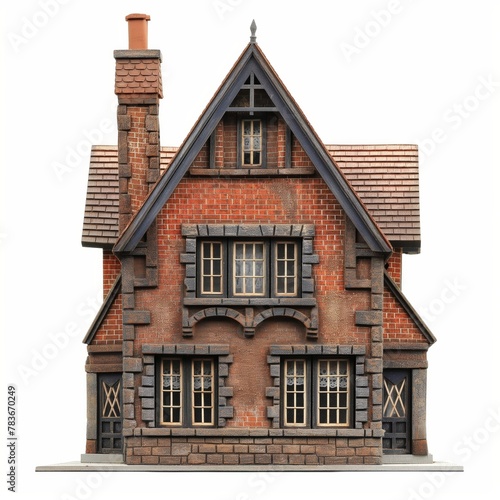 Miniature brick house model with detailed windows, roof and chimney isolated on a white background.