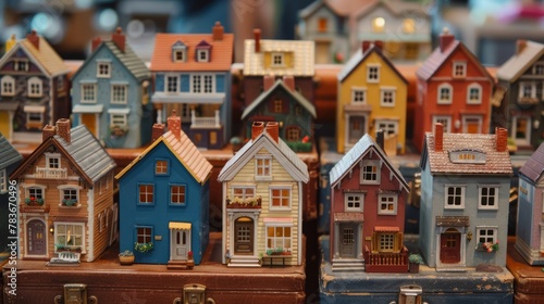 A collection of small houses are displayed in a wooden box