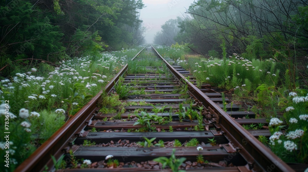 Fototapeta premium abandoned railroad track stretching straight across a field covered with greenery and pale flowers
