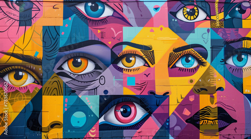 Street art mural graffiti depicting the face of an attractive woman with large eyes, surrounded by geometric patterns and vibrant colors.