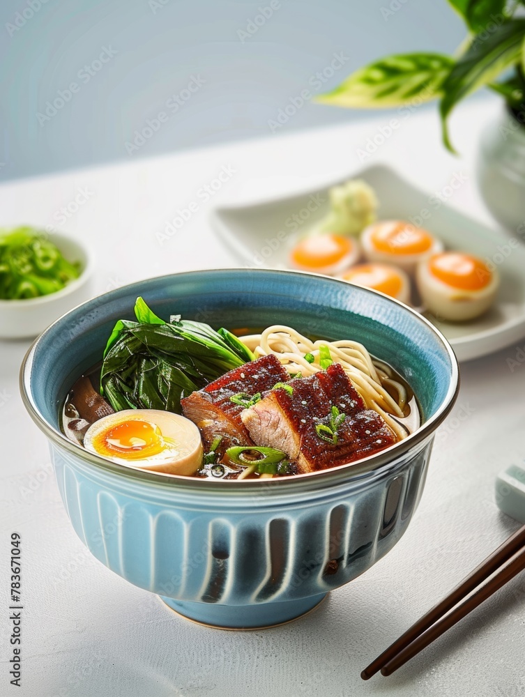 Delicious bowl of ramen with tender pork belly and soft boiled egg presented in a blue ceramic bowl, garnished with fresh greens, surrounded by sushi and green onions Delicious bowl of ramen with tender pork belly and soft boiled egg presented in a blue ceramic bowl, garnished with fresh greens, surrounded by sushi and green onions